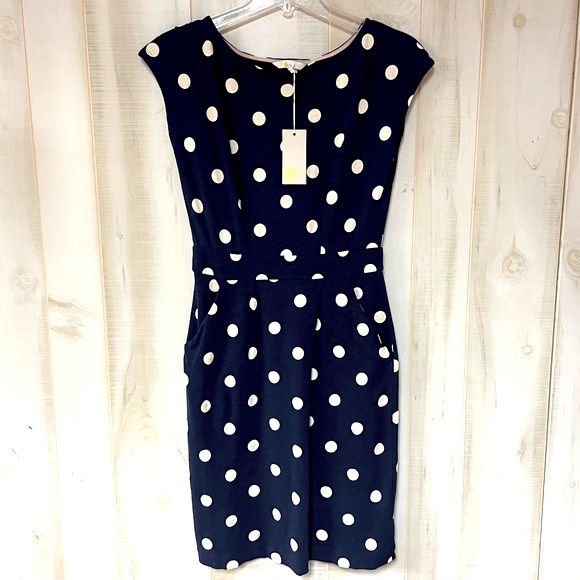 Boden Dresses & Skirts - NWT Boden Navy Blue Beige Cotton Polka Dot Short Sleeve Pleated Skirt Dress Sz 2